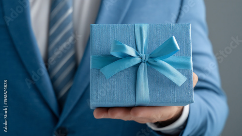 Man in blue suit holding a gift box with blue ribbon