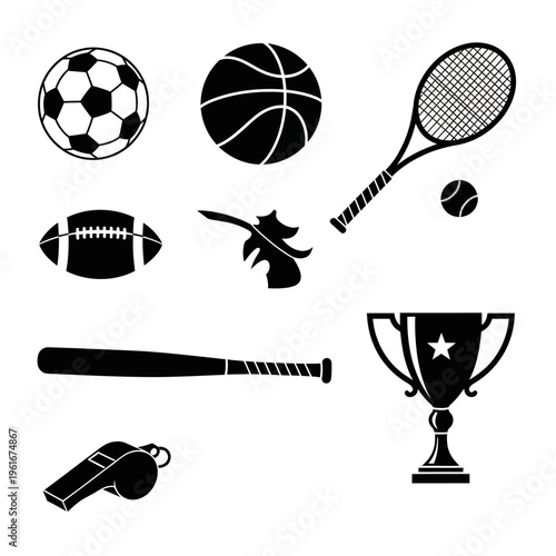 Collection of Sports Equipment and Trophy Icons.