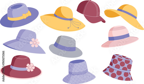 Stylish hat collection set with summer fashion accessories isolated on white background, trendy flat vector illustration for modern apparel design
