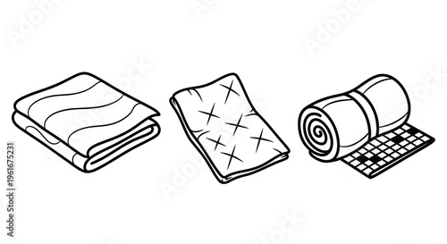 Set of Hand-Drawn Blankets and Quilts, Isolated on White Background