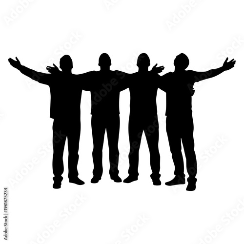 Silhouette of Four Friends Standing Together with Arms Around Each Other.