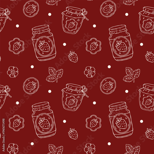 Hand drawn vector line art seamless pattern of strawberry jam jars with berries, leaves, and labels on a red background. Minimal design for fabric, wrapping, stationery, and home decor