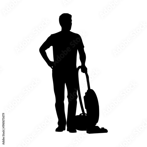 Silhouette of a man with a vacuum cleaner.