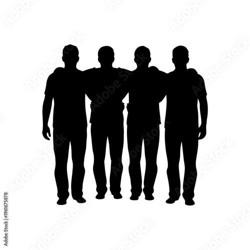 Silhouette of Four Men Standing Together with Arms Around Shoulders.