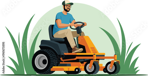 Professional man sitting on orange zero turn lawn mower cutting green grass for landscaping and garden maintenance service flat vector illustration.