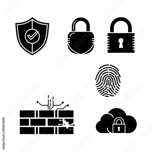 Cybersecurity Icons Set Shield Padlock Fingerprint Firewall Cloud.