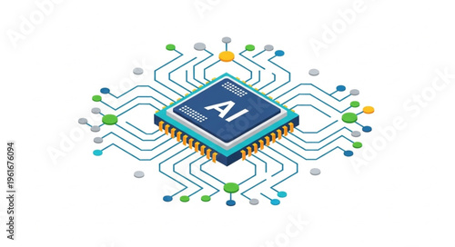 Isometric AI Chip with Circuit Board Design for Artificial Intelligence.