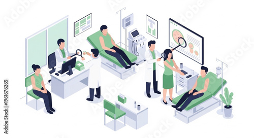 Medical professionals attending to patients in a modern clinic setting.