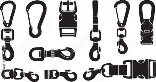 Collection of various buckles and clips for outdoor gear