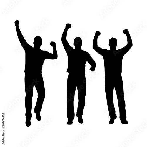 Silhouette of three men celebrating with raised arms.