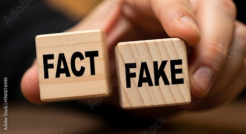 Hand holding wooden blocks with fact and fake written on them in black letters on a blurred background