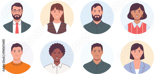 Diverse professional business people avatar icon set featuring men and women in circular frames for corporate team pages and user profile web design.