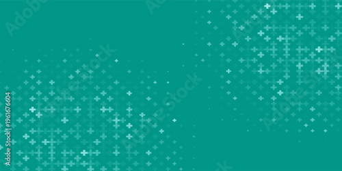 Seamless background pattern of evenly spaced white plus symbols of different sizes and opacity. Vector illustration on teal background with stars.Vector