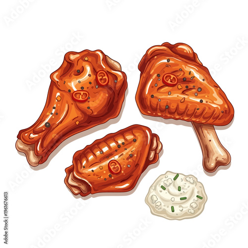 Gourmet chicken wings with dipping sauce and spices, isolated on white background.