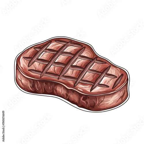 Grilled steak illustration, appetizing meat with grill marks, isolated on white background