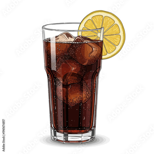 Refreshing cola drink with ice and lemon slice in a tall glass