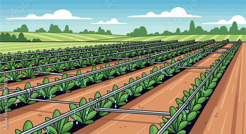 A vast agricultural field with rows of green crops being watered by a modern drip irrigation system under a clear blue sky.