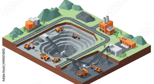 Isometric Open-Pit Mine Illustration with Heavy Machinery and Industrial Buildings.
