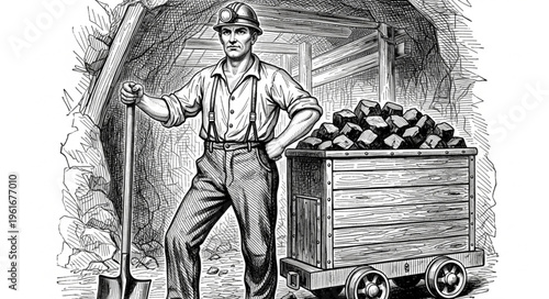 Vintage Coal Miner Illustration with Cart Full of Coal.