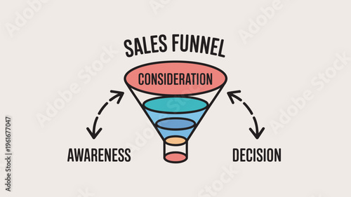 A colorful sales funnel diagram illustrating the stages of consideration, awareness, and decision.