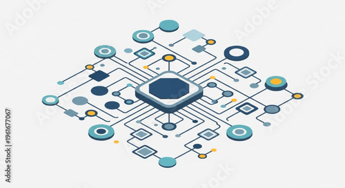 Isometric Illustration of a Central Processing Unit with Connected Nodes.