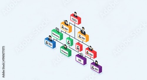 Isometric Organization Chart Illustrating Hierarchy and Management Structure.