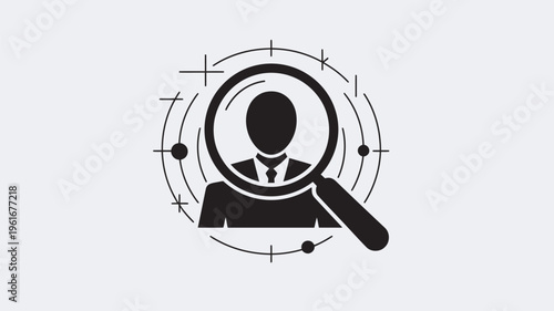 A black and white icon of a businessman being searched with a magnifying glass