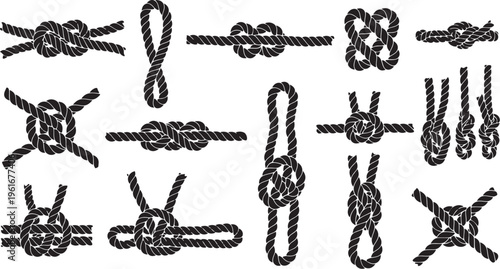 Various knots and rope ties on a white background