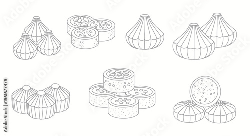 Hand-drawn outline illustrations of Middle Eastern sweets and pastries