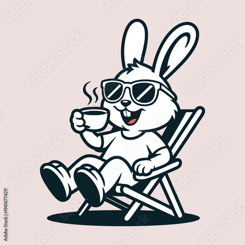 Cute bunny relaxing on chair drinking coffee summer mascot vector. Perfect for lifestyle mascot branding cartoon projects and creative digital graphics.