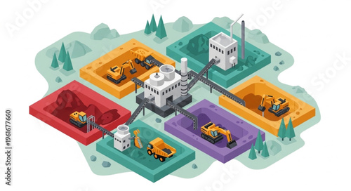 Isometric Waste Management Plant Illustration with Recycling and Processing.