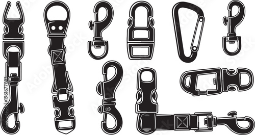 Collection of various carabiner clips and hooks on display
