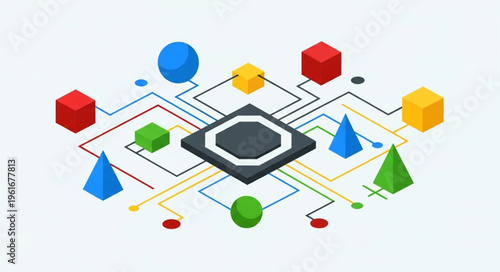 Isometric Network of Shapes Connected to a Central Processing Unit.