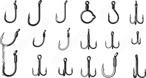 Collection of various fishing hooks on white background