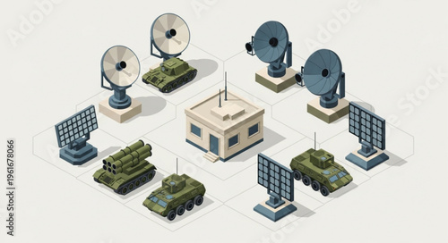 Isometric Military Base with Tanks, Radars, and Control Building.