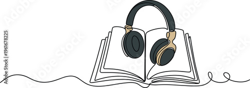 Audiobook concept continuous one line drawing vector illustration featuring headphones on an open book for digital learning and story podcast