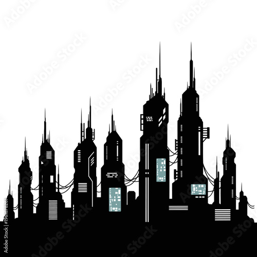 Futuristic Cityscape Silhouette with Tall Buildings and Antennas.