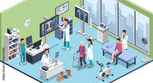 Isometric view of a modern hospital rehabilitation center with patients and medical staff.