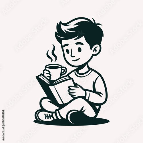 Cute boy reading book and drinking coffee cartoon vector illustration. Perfect for education themes cartoon graphics stickers and character design.