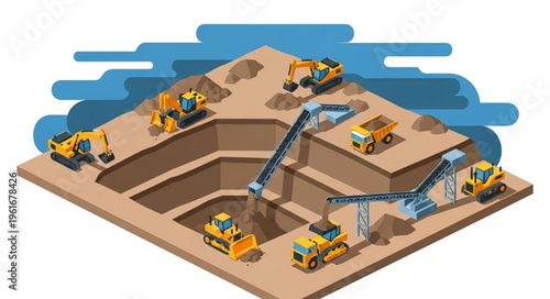 Isometric Mining Operation - Excavators, Conveyors, and Dump Trucks at Work.