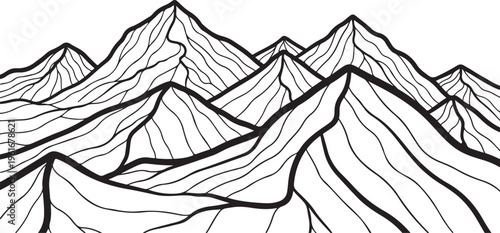 Black and white mountain range landscape illustration with lines