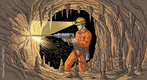 Cave Explorer with Headlamp Drilling into Rock Formation.