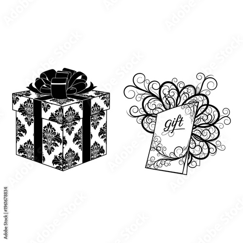 Elegant gift box and decorative gift tag illustration in monochrome Vector, illustration