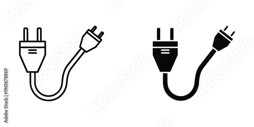 Two different types of electrical plugs with attached cords illustrated in black and white