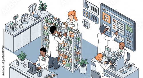 Isometric illustration of pharmacy staff working in a modern setting.