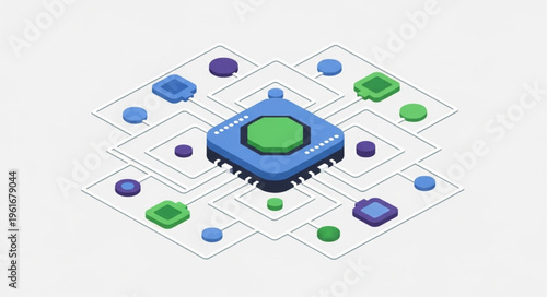 Isometric Microchip Network - Interconnected System with Blue and Green Components.