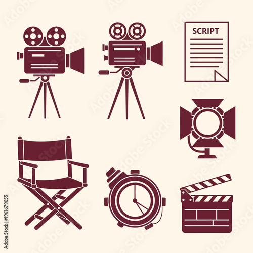 Film Production Icons Set Cinema Equipment and Script.