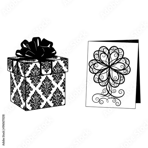Elegant gift box paired with a decorative floral card for special occasions Vector, illustration