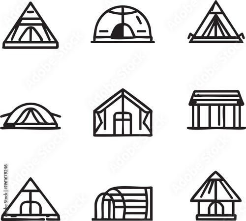 Camping tent vector icons: outdoor shelter illustrations eps silhouette