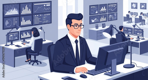 Focused Trader Analyzing Market Data in a Modern Office.